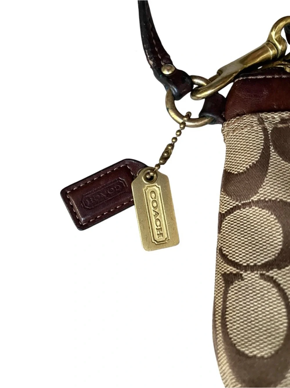Vintage Coach Signature Brown/Tan Canvas and Leather Turnlock Pouchette Wristlet